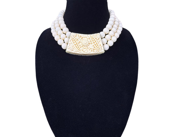 Vintage Ornate Cream Beaded Necklace With Intricate Centerpiece Adjustable Length