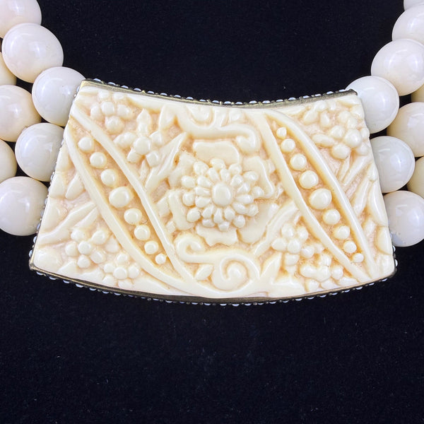 Vintage Ornate Cream Beaded Necklace With Intricate Centerpiece Adjustable Length
