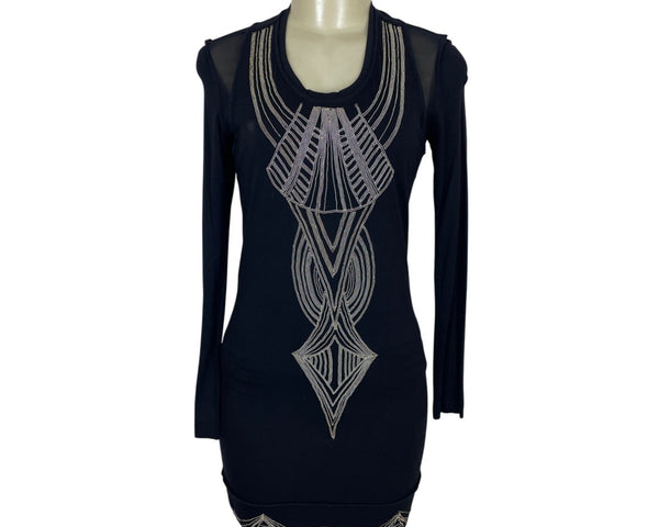 Nicole Miller Women's Black Beaded Long Sleeve Bodycon Dress Sz P