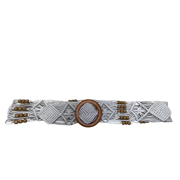 Vintage Tan Macrame Belt With Wooden Beads & Round Buckle Handmade Lightweight