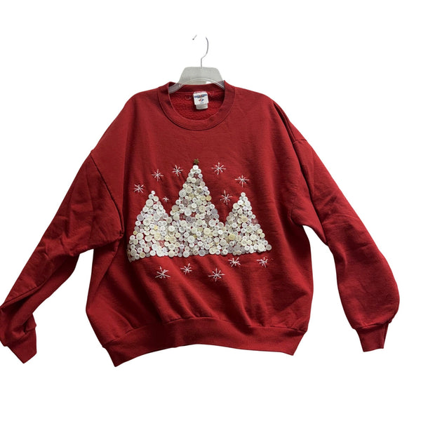 Jerzees Womens Red Cotton Crewneck Button Christmas Tree Sweatshirt Size L