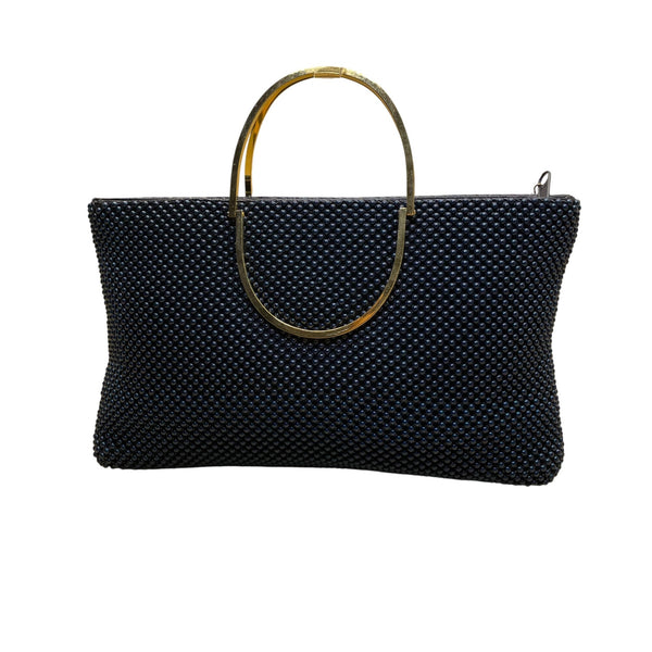 Bags By Marlo Women’s Navy Blue Beaded With Gold Metal Handles Evening Handbag