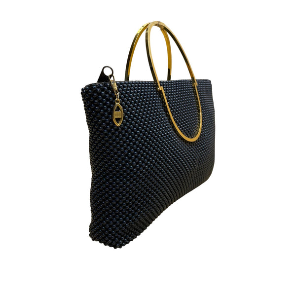 Bags By Marlo Women’s Navy Blue Beaded With Gold Metal Handles Evening Handbag