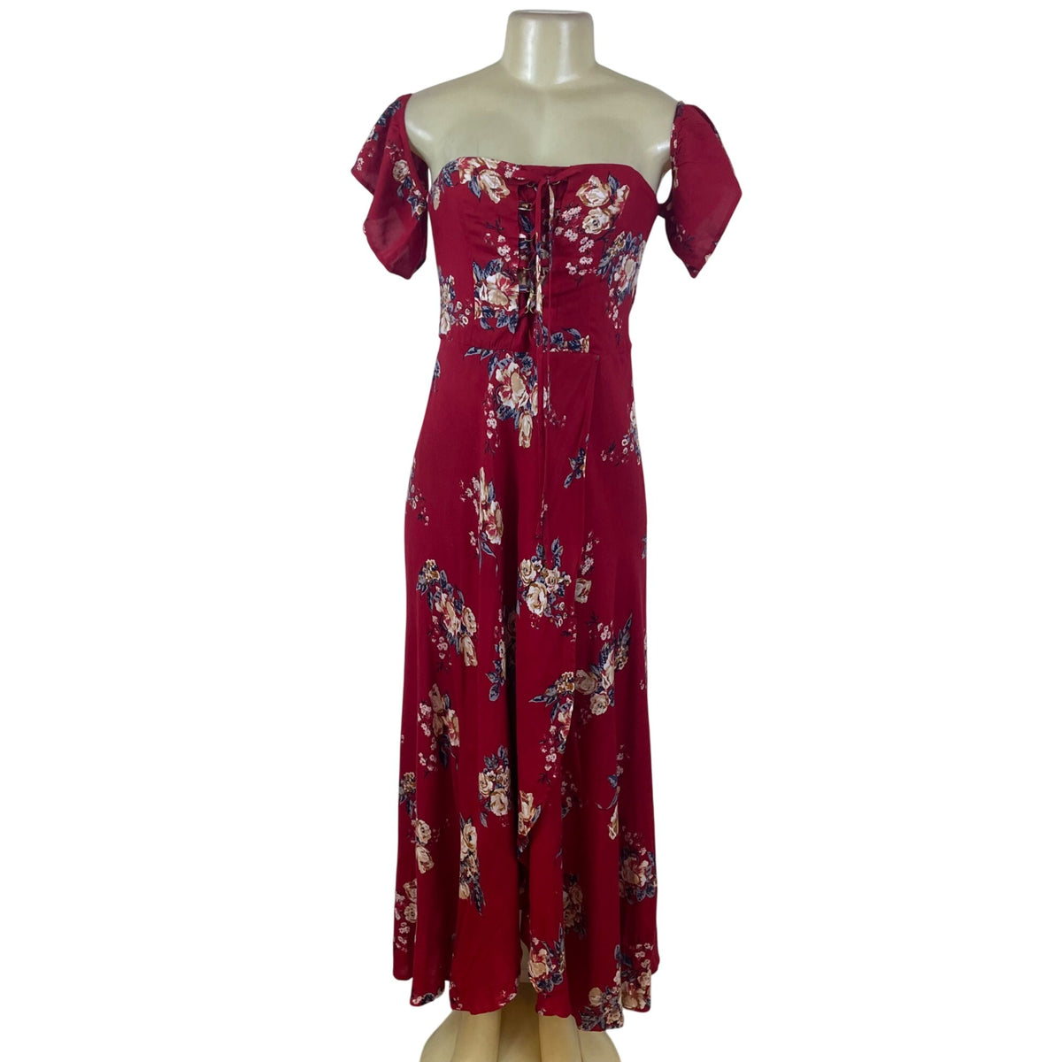 Band Of Gypsies Womens Red Floral Lace-Up Maxi Dress Off Shoulder Sz M - New