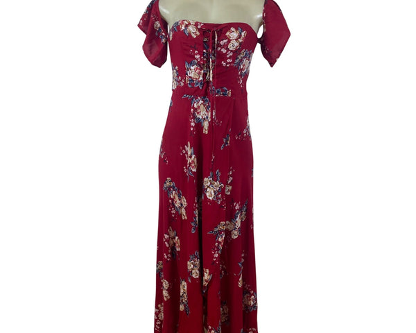 Band Of Gypsies Womens Red Floral Lace-Up Maxi Dress Off Shoulder Sz M - New