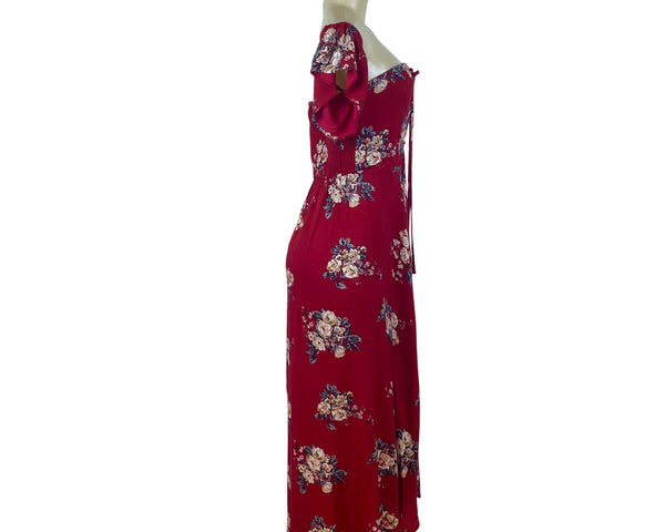 Band Of Gypsies Womens Red Floral Lace-Up Maxi Dress Off Shoulder Sz M - New