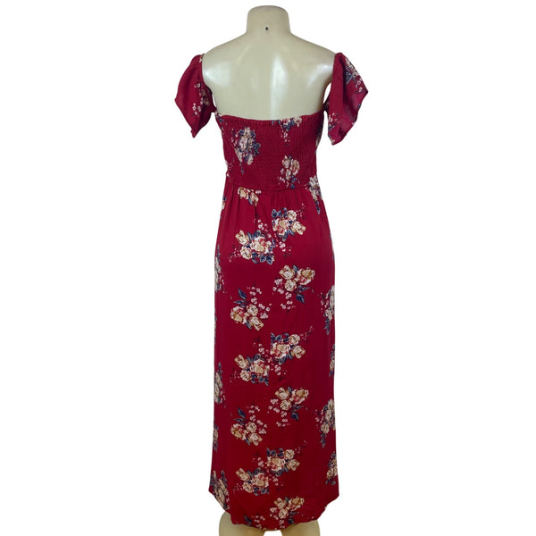 Band Of Gypsies Womens Red Floral Lace-Up Maxi Dress Off Shoulder Sz M - New
