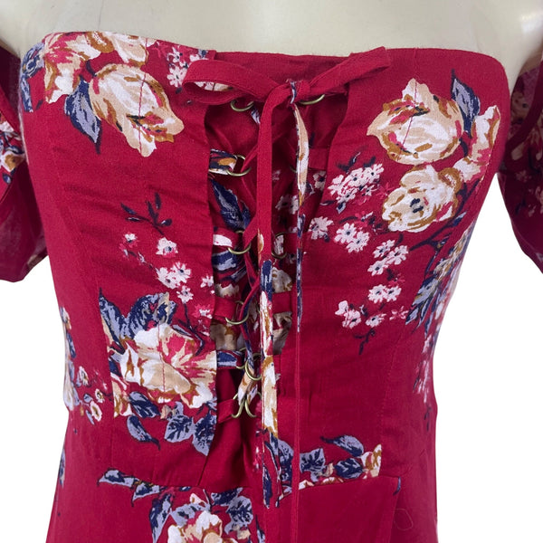 Band Of Gypsies Womens Red Floral Lace-Up Maxi Dress Off Shoulder Sz M - New
