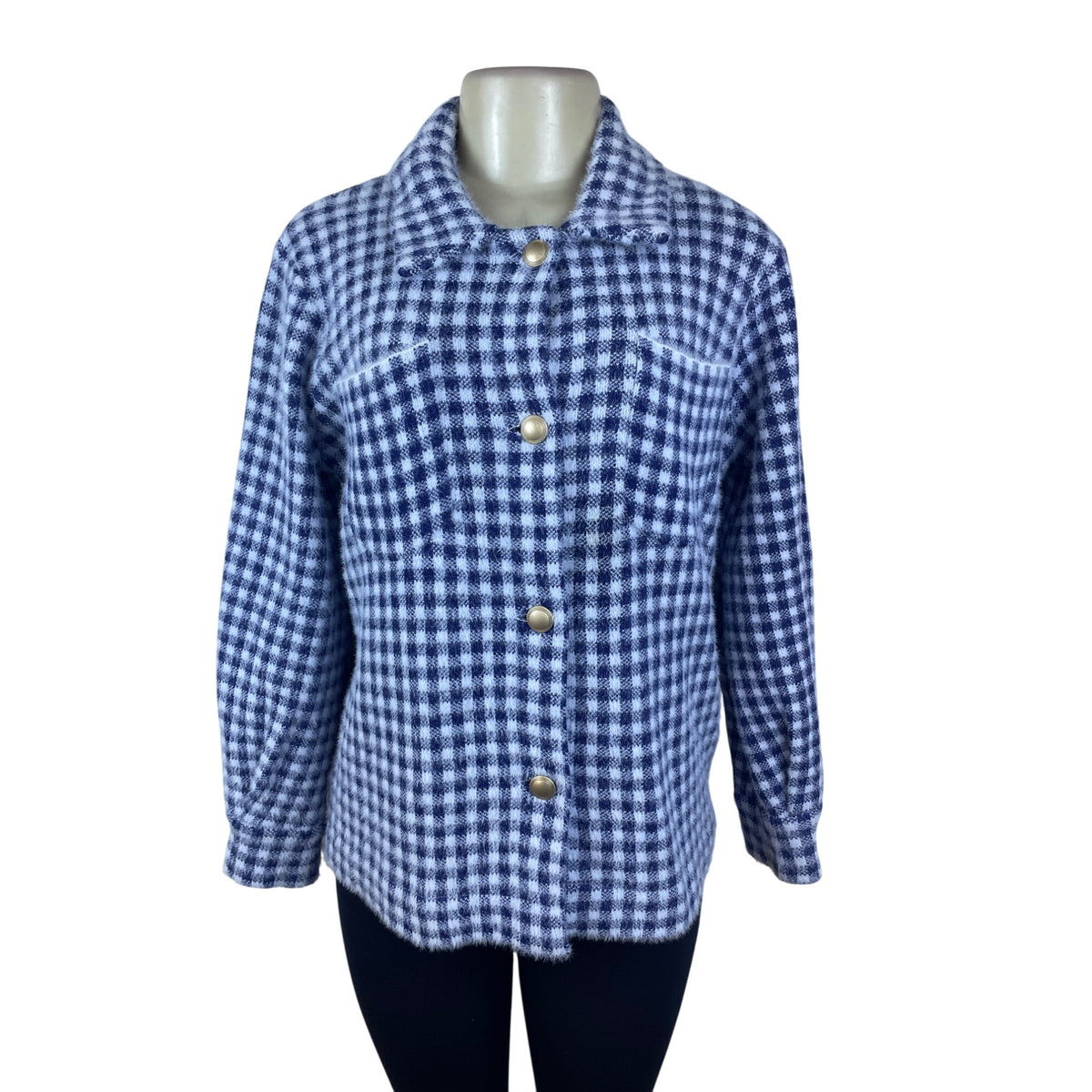 Max Studio Women's Blue/White Fuzzy Checker Jacket Snap Button Front Size M