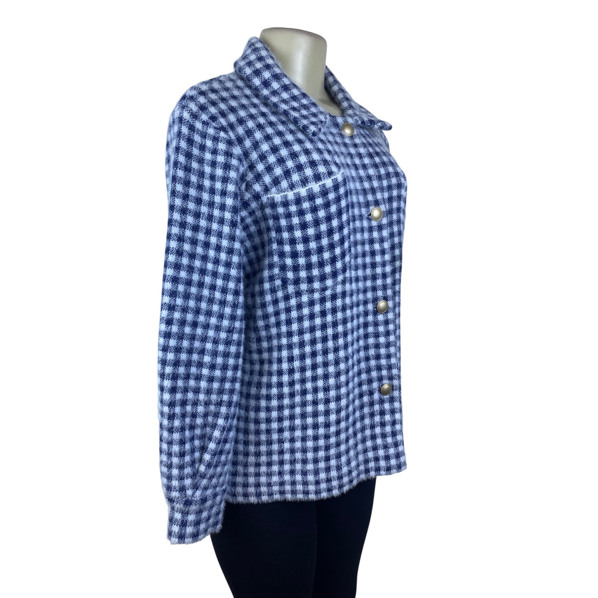 Max Studio Women's Blue/White Fuzzy Checker Jacket Snap Button Front Size M