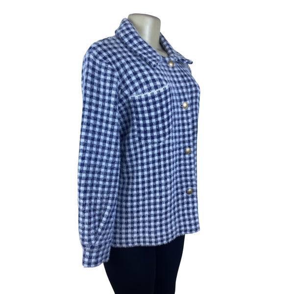 Max Studio Women's Blue/White Fuzzy Checker Jacket Snap Button Front Size M