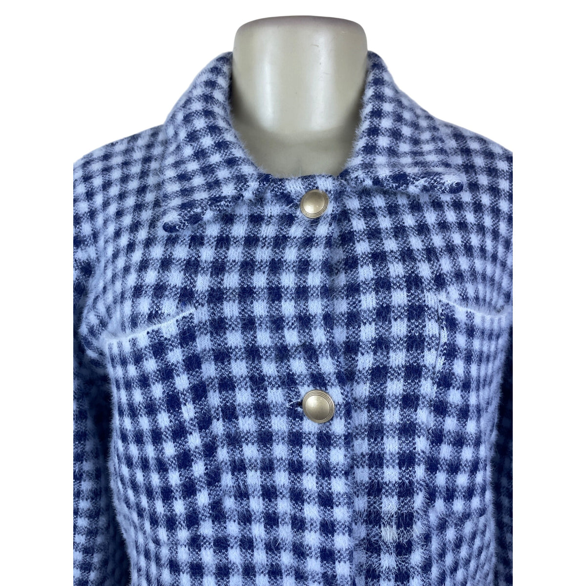 Max Studio Women's Blue/White Fuzzy Checker Jacket Snap Button Front Size M