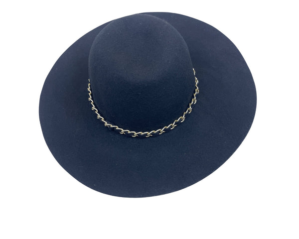 Felt Large Floppy Hat With Chain Accent Black 100% Wool Wide Brim Casual Style
