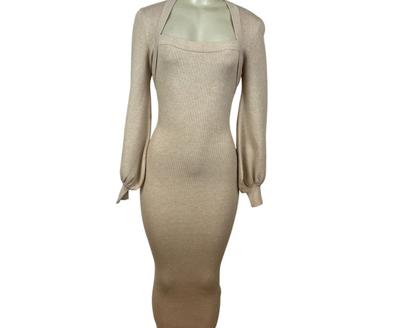 Misha Beige Ribbed Knit Midi Dress With Long Sleeves & Cut-Out Back Detail Sz 2