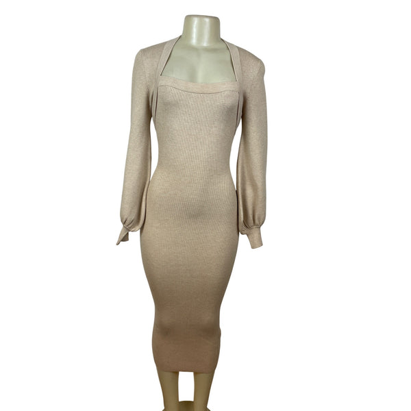 Misha Beige Ribbed Knit Midi Dress With Long Sleeves & Cut-Out Back Detail Sz 2