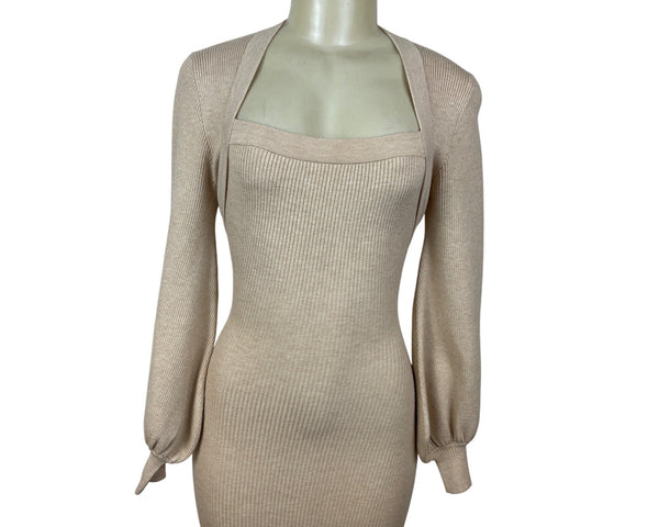Misha Beige Ribbed Knit Midi Dress With Long Sleeves & Cut-Out Back Detail Sz 2