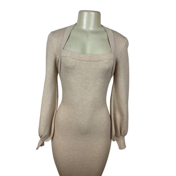 Misha Beige Ribbed Knit Midi Dress With Long Sleeves & Cut-Out Back Detail Sz 2