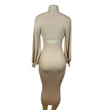 Misha Beige Ribbed Knit Midi Dress With Long Sleeves & Cut-Out Back Detail Sz 2