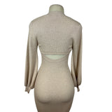Misha Beige Ribbed Knit Midi Dress With Long Sleeves & Cut-Out Back Detail Sz 2