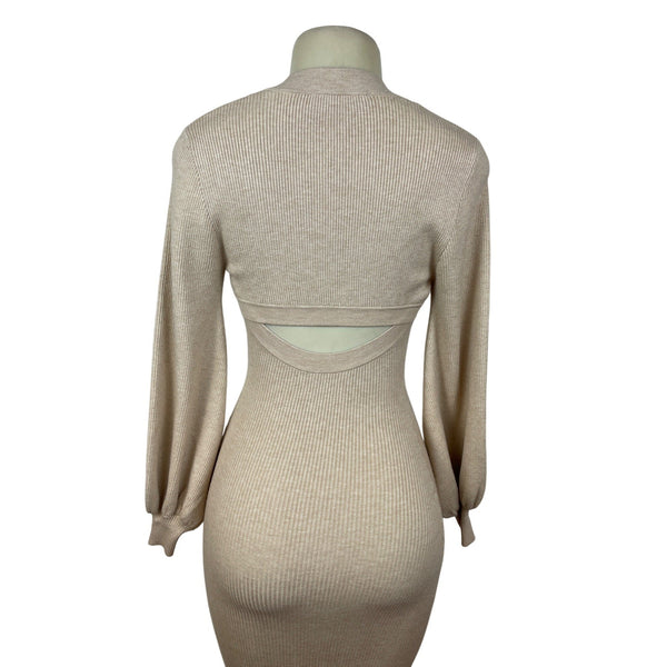 Misha Beige Ribbed Knit Midi Dress With Long Sleeves & Cut-Out Back Detail Sz 2