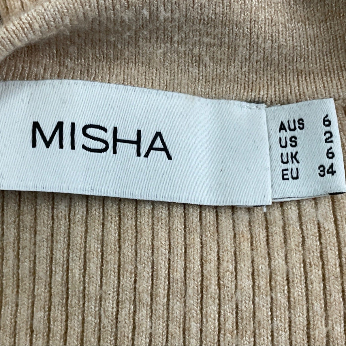 Misha Beige Ribbed Knit Midi Dress With Long Sleeves & Cut-Out Back Detail Sz 2