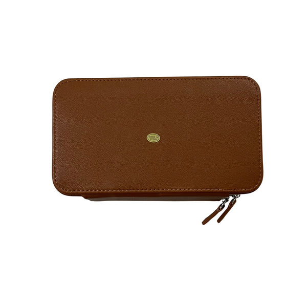 Brown Unisex Leather Travel Organizer Case With Internal Compartments & Zippered Closure
