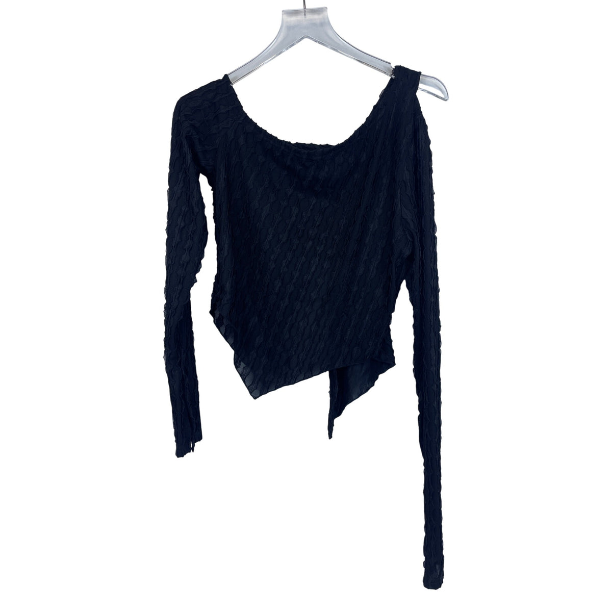 Asymmetrical Long-Sleeve Black Mesh Textured Top Size L