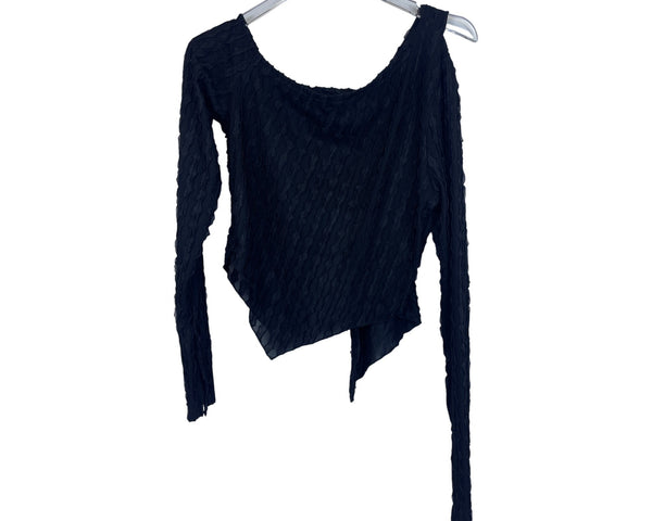 Asymmetrical Long-Sleeve Black Mesh Textured Top Size L