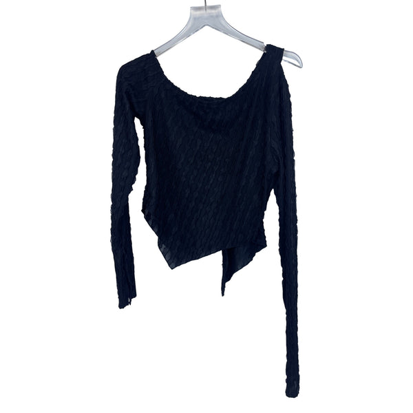 Asymmetrical Long-Sleeve Black Mesh Textured Top Size L