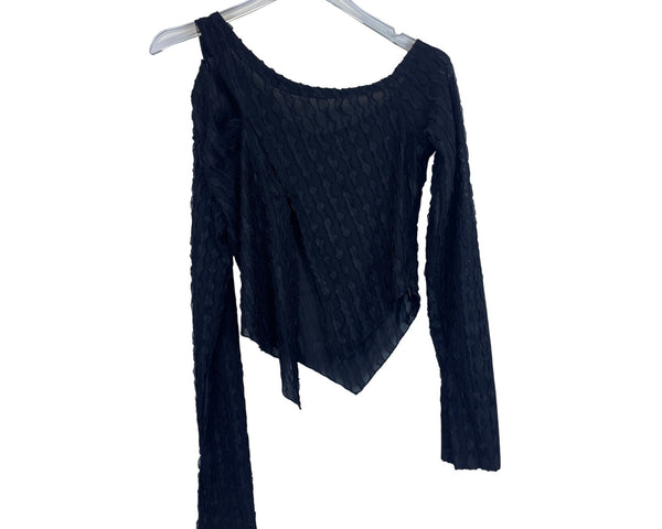 Asymmetrical Long-Sleeve Black Mesh Textured Top Size L