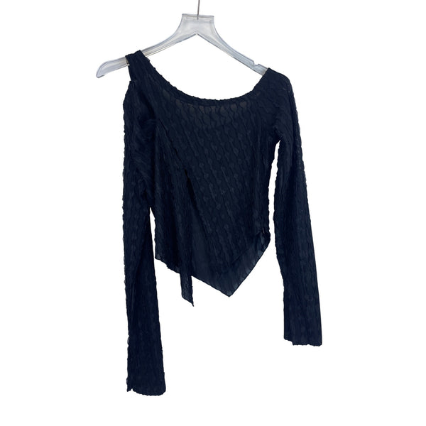 Asymmetrical Long-Sleeve Black Mesh Textured Top Size L