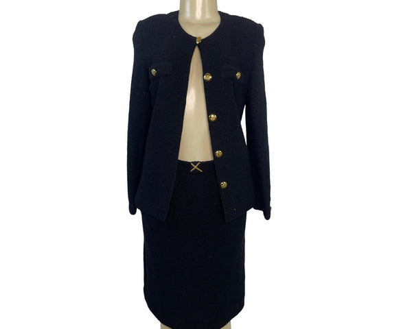 Vintage Black Bouclé Skirt Suit With Gold Button Details