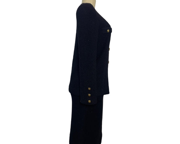 Vintage Black Bouclé Skirt Suit With Gold Button Details