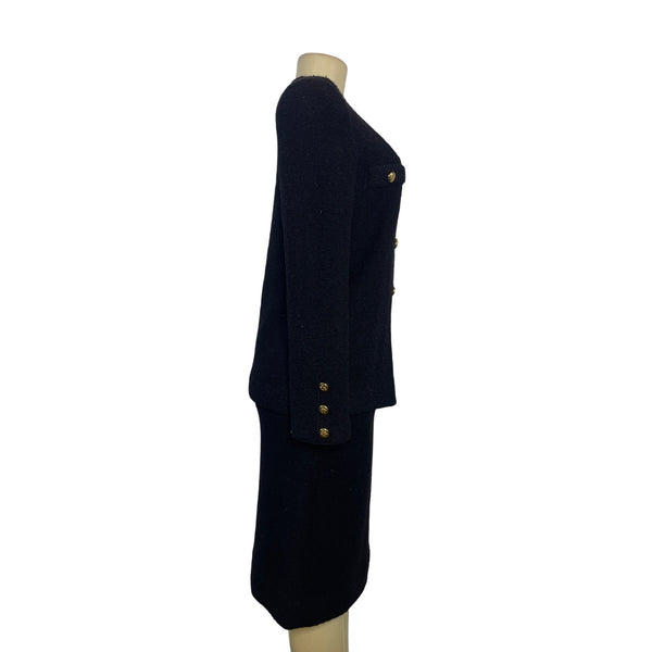 Vintage Black Bouclé Skirt Suit With Gold Button Details