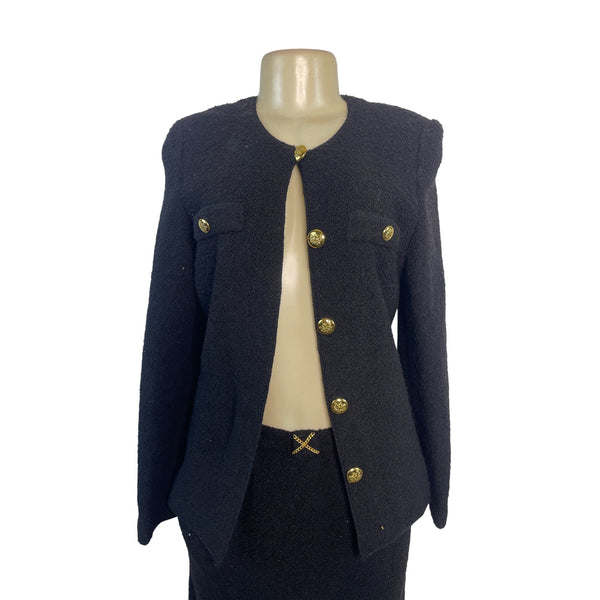 Vintage Black Bouclé Skirt Suit With Gold Button Details
