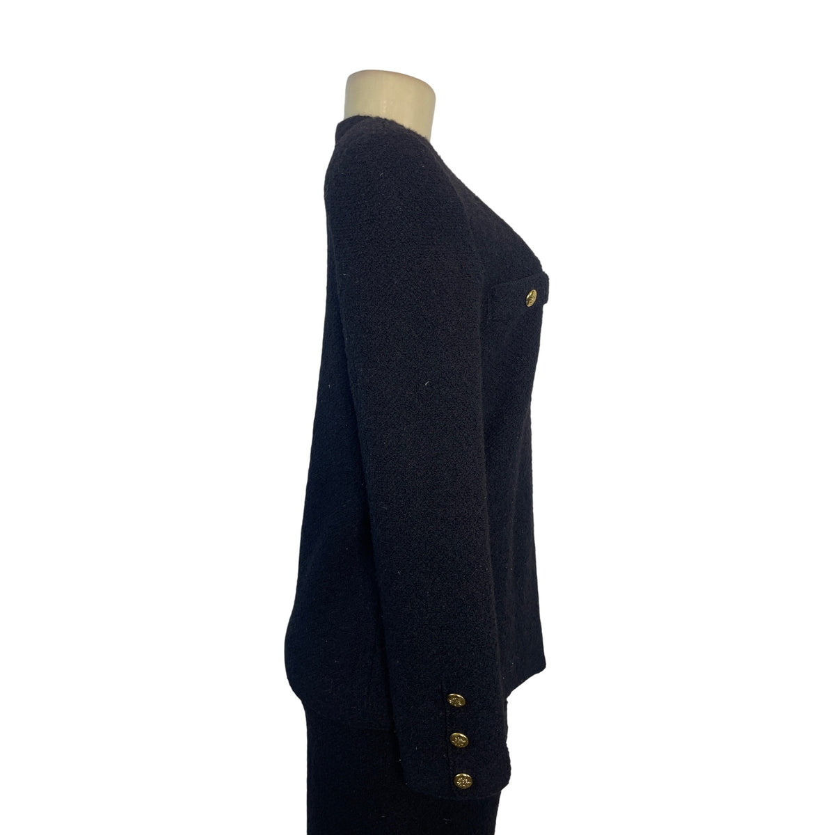 Vintage Black Bouclé Skirt Suit With Gold Button Details