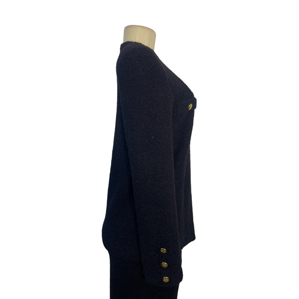 Vintage Black Bouclé Skirt Suit With Gold Button Details