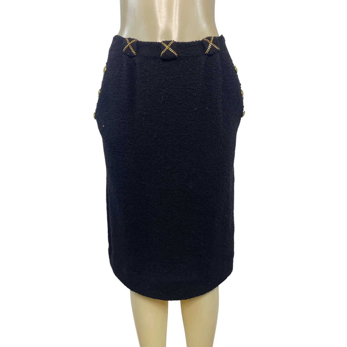 Vintage Black Bouclé Skirt Suit With Gold Button Details