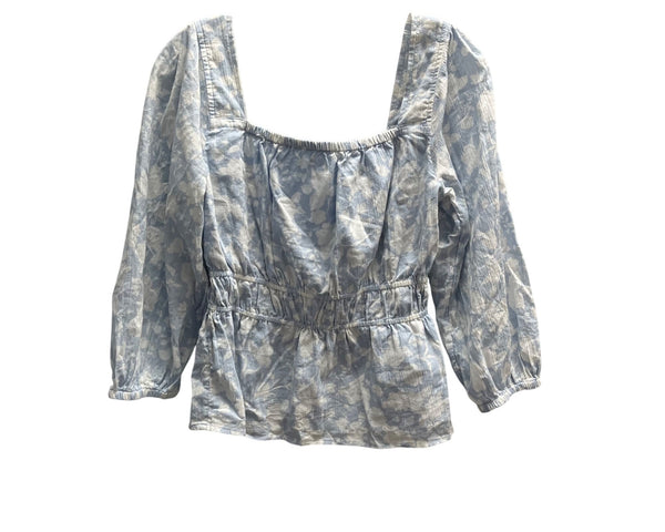 Free Assembly Womens Blue Floral Smocked Waist Peasant Top 100% Cotton Size S