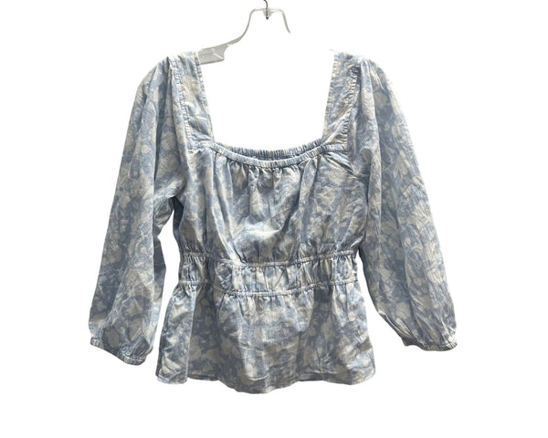Free Assembly Womens Blue Floral Smocked Waist Peasant Top 100% Cotton Size S