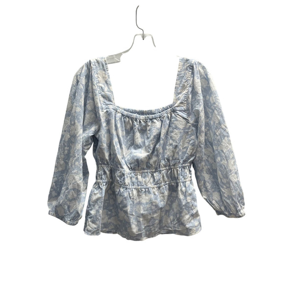 Free Assembly Womens Blue Floral Smocked Waist Peasant Top 100% Cotton Size S