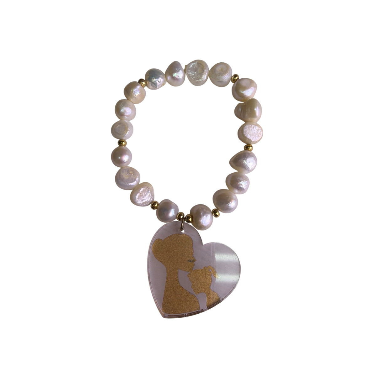 Mother & Daughter Womens Gold/White Pearl Bracelet With Heart Charm Pendant OS