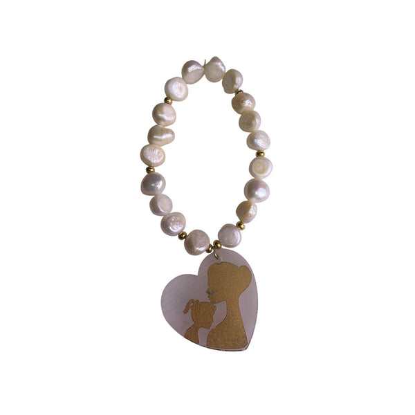 Mother & Daughter Womens Gold/White Pearl Bracelet With Heart Charm Pendant OS