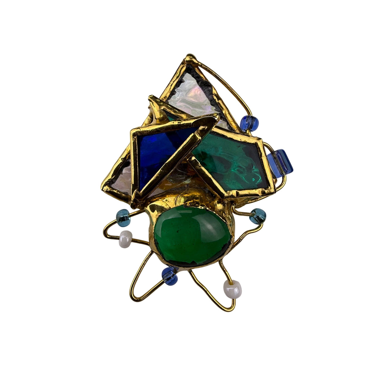 Abstract Gold Tone & Multicolor Glass Brooch Artistic Pin Unique Design