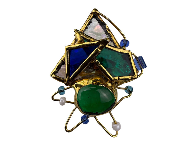 Abstract Gold Tone & Multicolor Glass Brooch Artistic Pin Unique Design