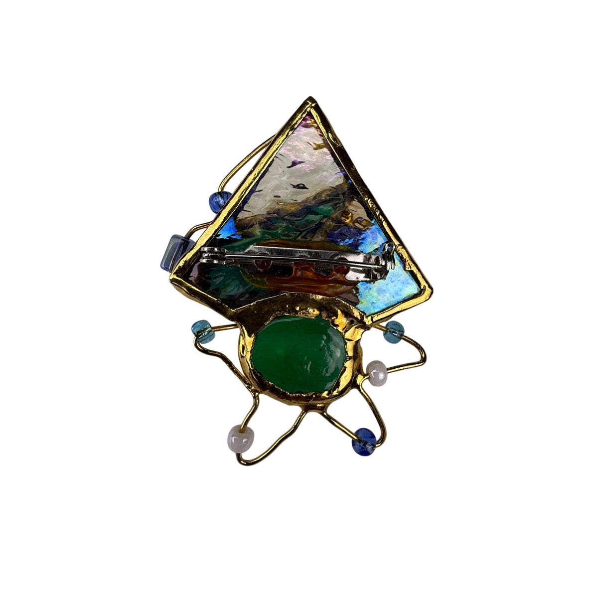 Abstract Gold Tone & Multicolor Glass Brooch Artistic Pin Unique Design