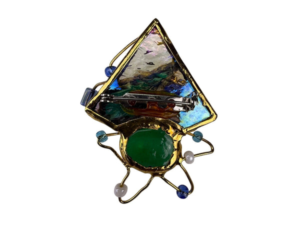 Abstract Gold Tone & Multicolor Glass Brooch Artistic Pin Unique Design