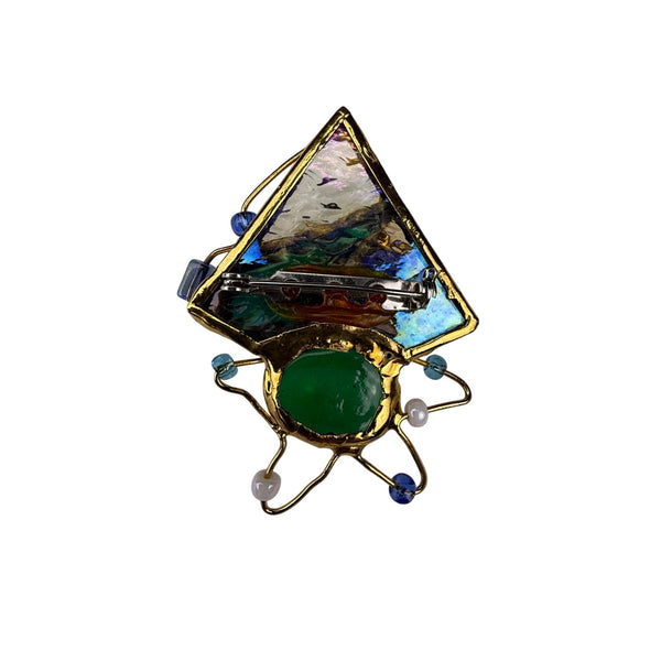 Abstract Gold Tone & Multicolor Glass Brooch Artistic Pin Unique Design