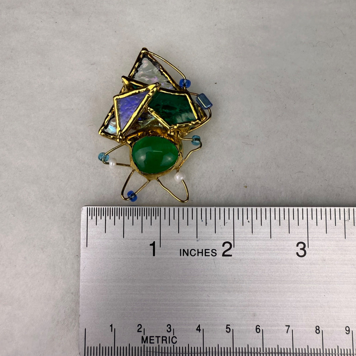 Abstract Gold Tone & Multicolor Glass Brooch Artistic Pin Unique Design