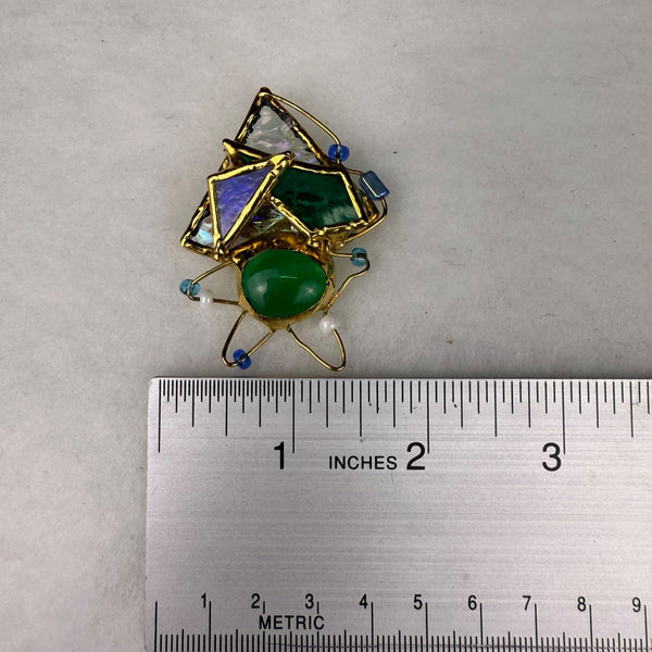 Abstract Gold Tone & Multicolor Glass Brooch Artistic Pin Unique Design